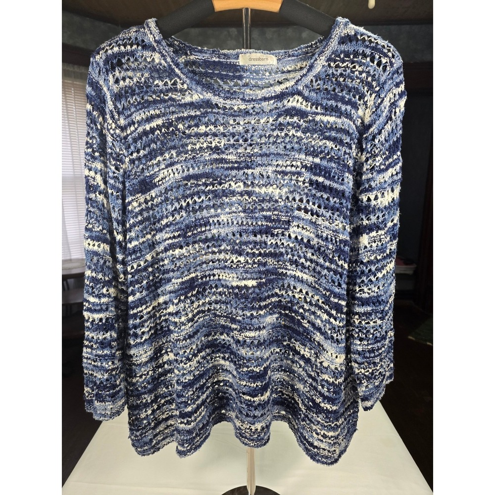 Dressbarn Womens 2X Blue White Space Dye Open Knit Crochet‎ Sweater Crew Neck